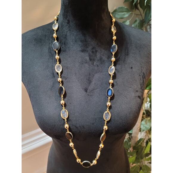 Women's Gold Tone Black Clear Oval Beaded Necklace Round Spring Lock Jewelry - Picture 1 of 6